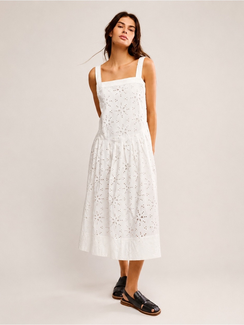 Free People Primavera White Eyelet Cotton Midi Dress Square Neck Tie Strap